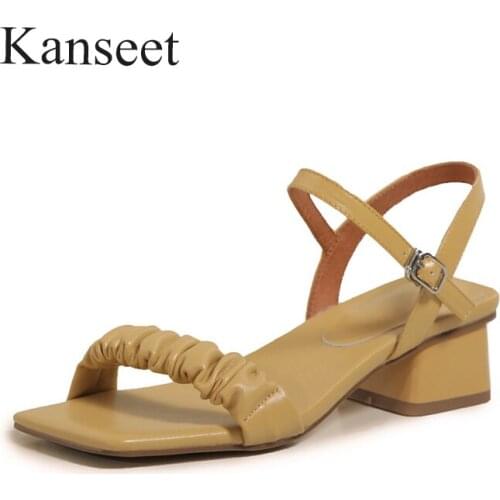 Kanseet Square Toe Open-Toed Women Sandals Pleated Design Buckle Strap Summer New Sandals Mid Heels Black Beige Dress Woman Shoe