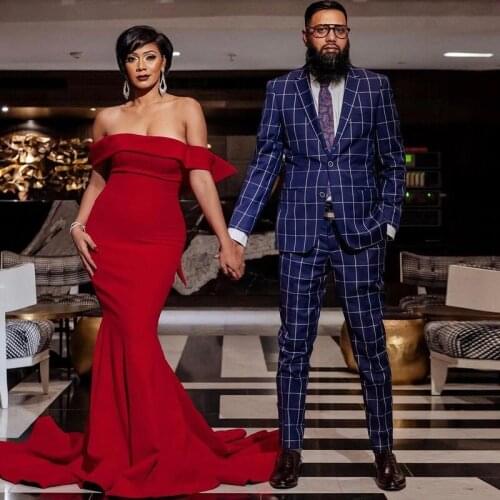 Blue Checker Mens Suit Slim Fit Two Pieces Prom Tuxedos Notached Lapel Groomsmen Wear 2021