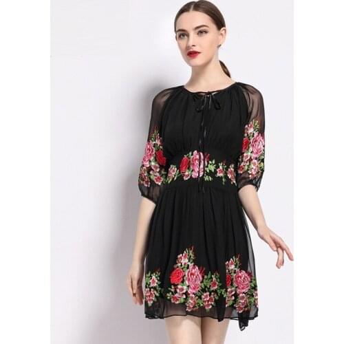 Retro dress Women short NEW High quality Spring summer embroidery Clothing flowers Party Dress S XXL O-Neck Vintage dresses