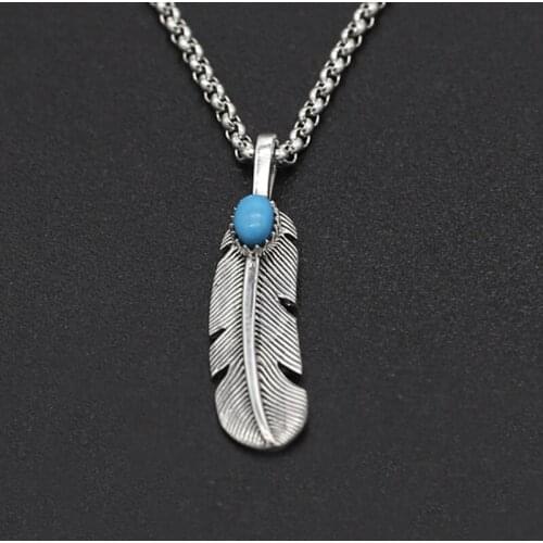 S925 Sterling Silver Jewelry Retro Thai Silver Men and Women Handmade Blue Turquoise Thick Eagle Feather Pendant