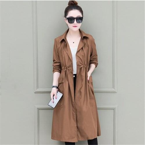 Womens windbreaker long section new fashion loose drawstring waist section solid color coat high quality casual jacket T295