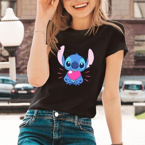 Women T-Shirt Kawaii Pattern Disney Lilo & Stitch Series Printing Tshirts Harajuku Black Whhite Tee Summer Drop Ship Cute Casual