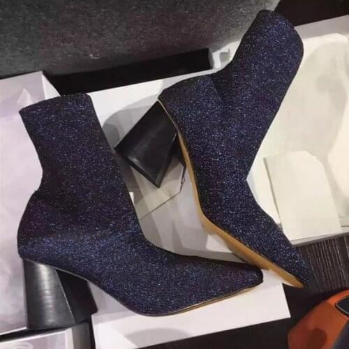 Top Designer Shinny Glitter Metallic Sock Ankle Boots Fashion Chunky Heel Spring Fall Short Boots Woman botas mujer