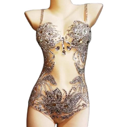 Sparkly Rhinestone Sleeveless Women Bodysuits White Feather Birthday Celebrate Party Romper Nightclub Singer Dance Costumes