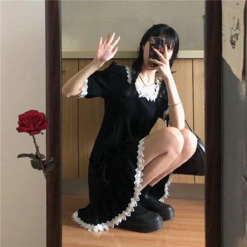 French Vintage Lace Stitching Black Mini Dress Women 2021 Summer Fashion Square Neck Short Sleeve Slim A-line Y2k Gothic Dresses