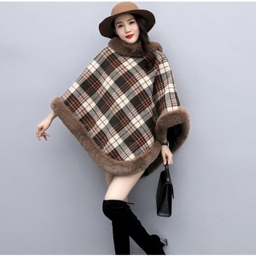 ZJZLL Hot Poncho Cape Winter Women New Style Loose Pullover Short Shawl Plus Velvet Thickened Warm Soft Fur Plaid Woolen Coat
