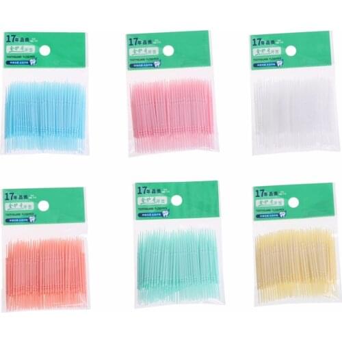 100Pcs/Lot Soft Plastic Double-headed Brush Stick Floss Pick Toothpick Oral Care 6.3cm