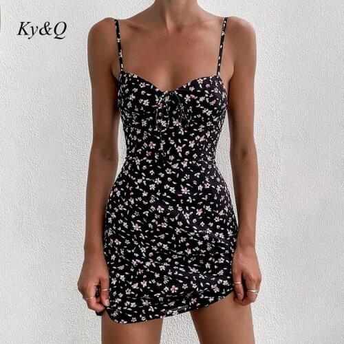 2021 Women Summer Boho Holiday Sundress Black Floral Print Strap Backless High Waist Mini Dress Ladies Cute Sweet College Style