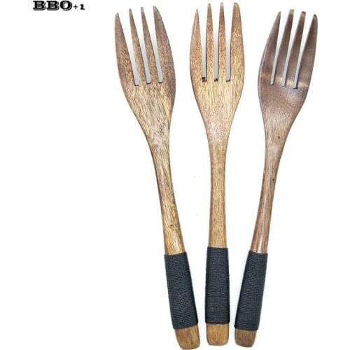 3 pcs Japan Handmade Handle Wooden Fruit Forks 4-Tooth Dessert Natural Wood Dinner Fork Kitchen Tool