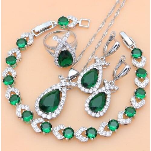 925 Sterling Silver Jewelry Green Created Emerald White CZ Jewelry Sets For Women Earrings/Pendant/Necklace/Rings/Bracelet