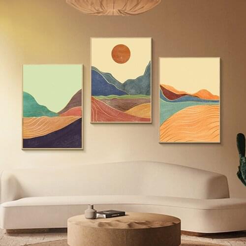 Abstract Red Sun Wall Art Canvas Painting Nordic Gold Foil Mountain Painting Poster Print Picture for Living Room Home Decor