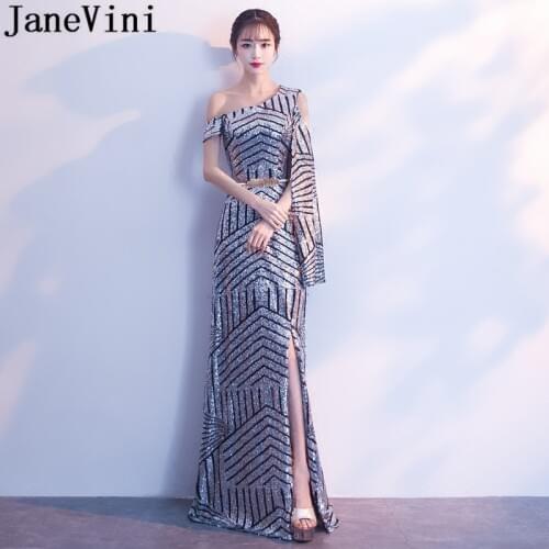 JaneVini 2019 Shiny Silver Sequin Mother Of The Bride Dresses Formal Arab Long Mermaid Sexy Side Split One Shoulder Dinner Gown
