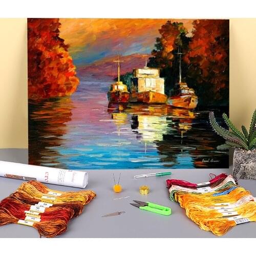 Evening Sun Printed Water-Soluble Canvas 11CT Cross Stitch Patterns Embroidery DMC Threads Needlework Hobby Handiwork Mulina