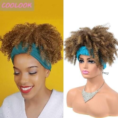 Ombre Brown Short Kinky Curly Headband Wigs for Black Women Synthetic Afro Kinky Curly Head Wrap Wig Puffy Afro Curls Turban Wig