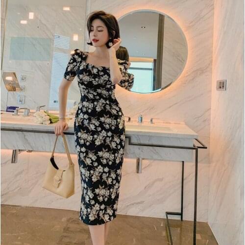Summer Vintage Bodycon Print Pencil Dress Women Short Sleeve Square Collar Elegant Dress Vintage Sexy Party Dresses Vestidos