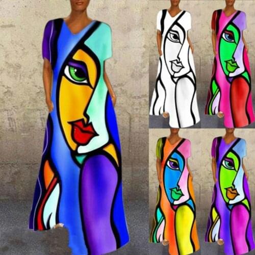 Summer Womens Maxi Dress Abstract Girl Print V-Neck Dress Casual Short Sleeve Long Party Dresses Loose Plus Size Vestidos