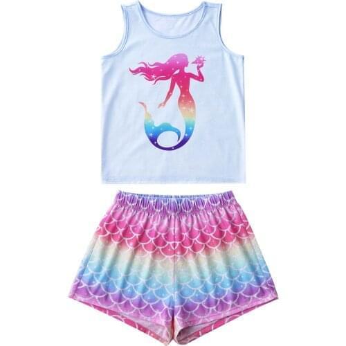 Summer Cotton Girls Pajamas Set Kids Princess Sleepwear Children Sleeveless Vest Tops Shorts Pyjamas Sets Mermaid Home Clothing
