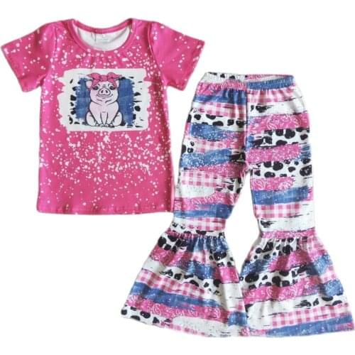 Summer Autumn Girls Clothes Cartoon Pig Print Pink Short-sleeved T-shirt And Pink Print Flared Trouser Suit Kids Clothing