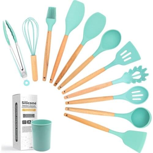 12 Pcs Silicone Cooking Utensils Set Kitchenware Cookware With Storage Box Heat Resistant Wooden Kitchen Non-stick Cookware