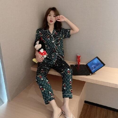 Disney 2021 new Mickey spring and summer silk pajamas womens short sleeve pants loose and breathable two piece set