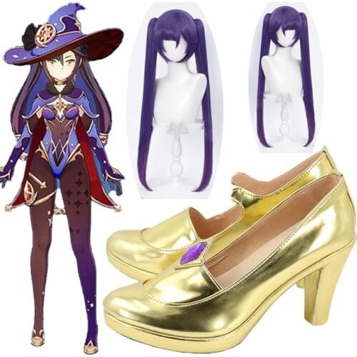 Game Genshin Impact Mona Wigs Cosplay Gold shoes Boots Purple Long Straight Ponytails Bangs Heat Resistant Hair Adult Halloween