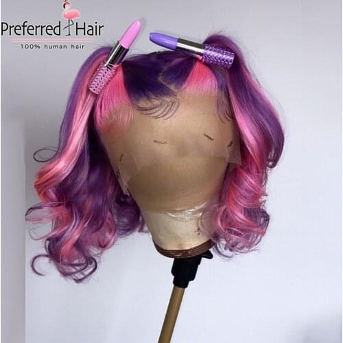 Preferred Pink Purple Highlight Wig with Baby Hair Brazilian Remy Ombre Lace Front Human Hair Wigs Pre Plucked Bob Wig for Women