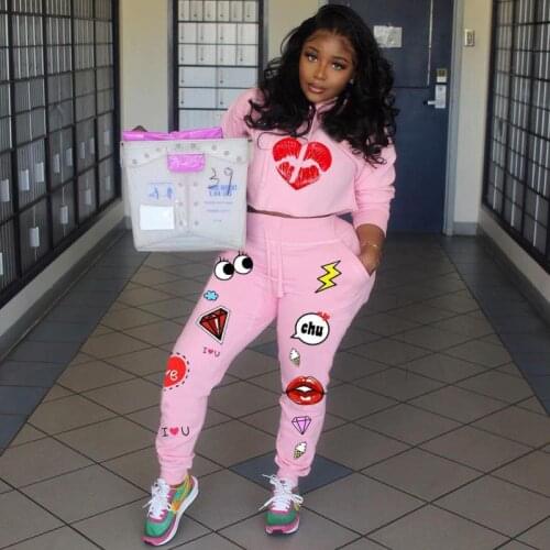 Pink hooded special design lip print top and pants 2 pieces set casual lady fashion women tracksuits