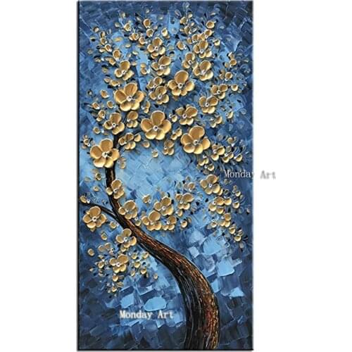 Hand Painted Textured Palette Knife Golden Flower Oil Painting floral wall art Modern Canvas Wall Art Living Room Decor Picture
