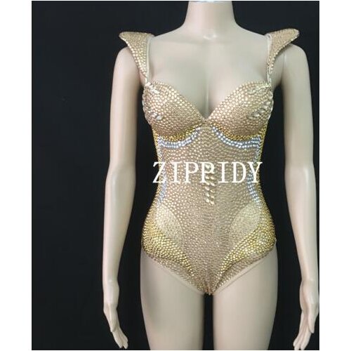 2019 Shining Gold Full Rhinestones Stage Bodysuit Female Wear Leotard Outfit Singer Dancer Fashion Stretch Sexy Costume