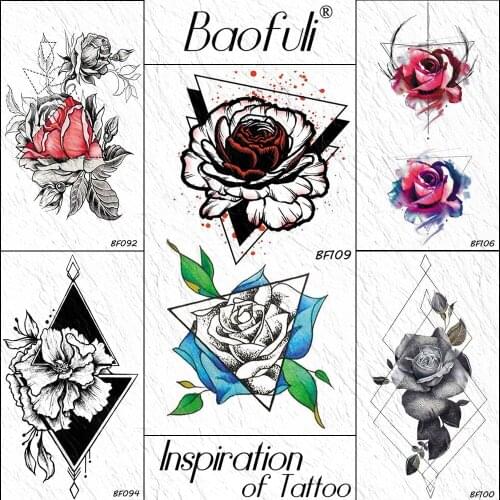 Geometric Flower Red Blue Rose Temporary Tattoo Paste Painting Leaves Triangle Fake Tattoo Body Art Waterproof 3D Tattoo Sticker