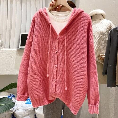 Hooded Knitted Solid Women Sweater Cardigan Winter New 2021 Long-Sleeved Loose Casual All Match Female Outwear Coats Tops