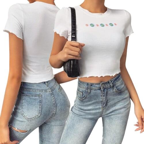 Womens Casual Sweet Style T-Shirt Flower Embroidery Short Sleeve Round Neck Slim Wild Cropped Top Daily Chic Streetwear Shirt