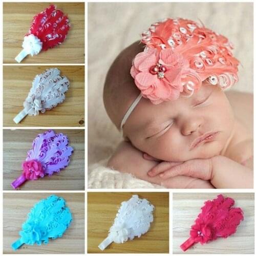 Cuter New Fashion girl Feather Chiffon Flower With Diamond Pearl Headband Soft Headwear 12pcs/lot Freeshipping FDB89