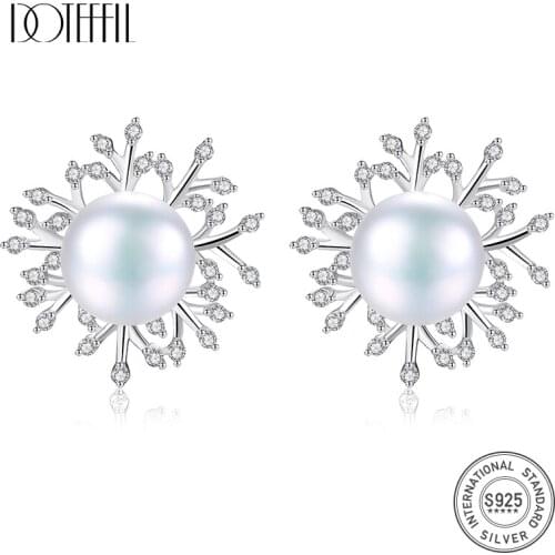 DOTEFFIL New Wholesale Earrings Natural Freshwater Pearl 100% 925 Silver Inlay Pearl Stud Earrings For Women Jewelry Party Gift