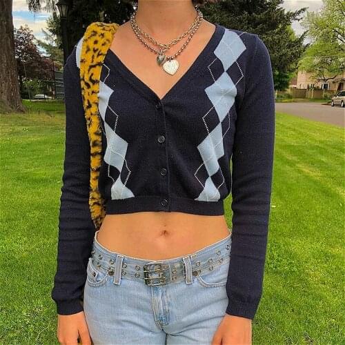 Women Sweaters Tops 2021 Autumn Winter Argyle Print Long Sleeve V Neck Cardigan Sweater Casual Loose Knitted Crop Tops Female