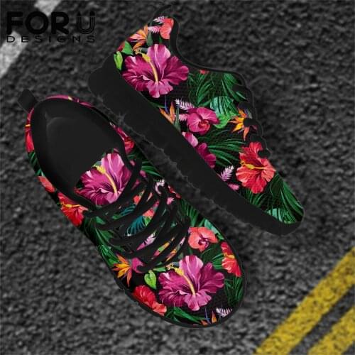 FORUDESIGNS New Arrival Women Flats Shoes Tropical Hibiscus Flower Printing Air Mesh Female Platform Lace Up Footwear Zapatos
