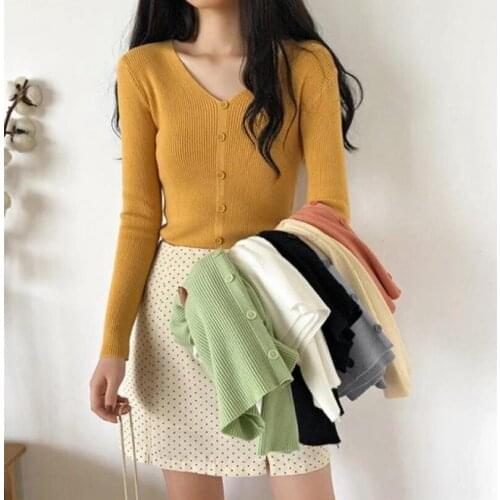 Gkfnmt Sweater Women Basic Slim Pullover Women Sweaters And Pullovers 2021 Autumn Winter Button V Neck Knit Jumper Ladies Tops