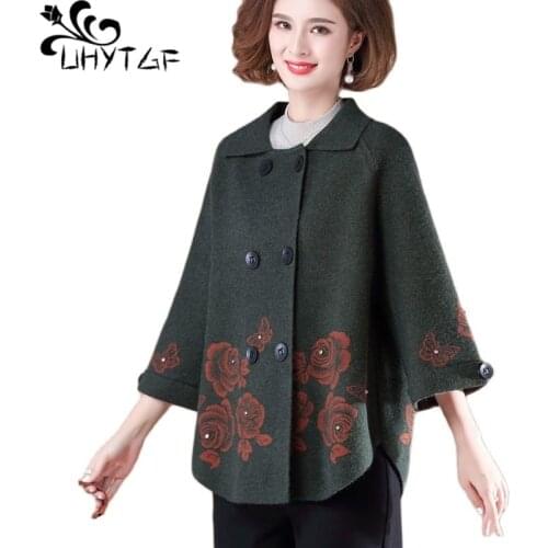 UHYTGF Elegant Mother Spring Autumn Jacket Knitted Cardigan Women Coat Lapel Double Breasted Casual 5XL Plus Size Outerwear 1487