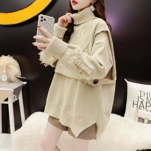 Autumn 2021 Turtleneck Sweater Two-piece Suit Korean Fashion Tassel Twist Irregular Knitting Top Long Sleeve Loose Jersey Mujer