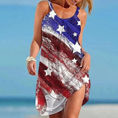 2021 Sleeveless Party Beach Dress For Women American Flag Printing U Neck Summer Dress Ladies Loose Sling Sun Dress