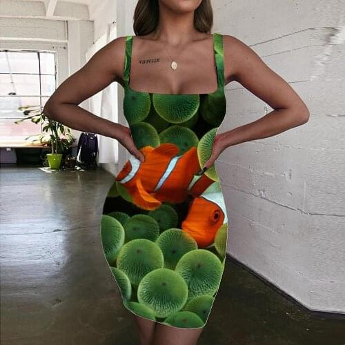 Giyu Brand Fish Dresses Women Animal Ladies Dresses Harajuku 3d Print Green Sundress Womens Clothing Plus Size Short Boho