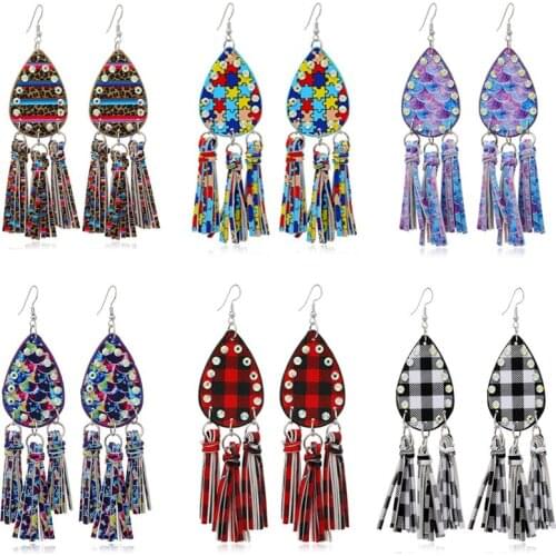 2021 new Bohemian creative tassel water drop diamond double-sided leather earrings retro long earrings