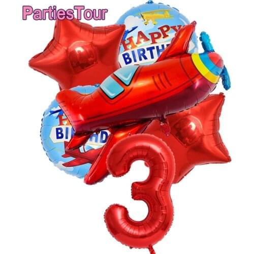 6pcs/set Aircraft Airplane Foil Balloons 32inch Aluminum Number Star Round Balloons 3rd 4th Birthday Baby Shower Party Suppli