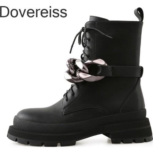 Dovereiss Fashion Womens Shoes Winter New Round toe Matin Boots Brown Genuine Leather Cross Tied Concise Ankle boots Mature 40