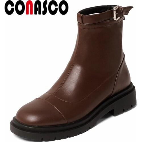 CONASCO Punk Women Ankle Boots Autumn Winter Warm Cow Leather Party Basic Prom Office Boots Concise Belt Buckle Shoes Woman