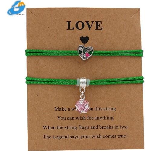 DGW Charm Heart& Crystal Adjustable Bracelet Making Wish Jewlry Gift for Girl Bestfriend Braided Lucky Bracelets for Women
