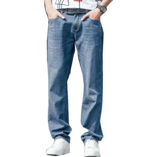 Summer loose mens jeans straight big size loose breathable stretch denim trousers hip-hop streetwear blue trousers