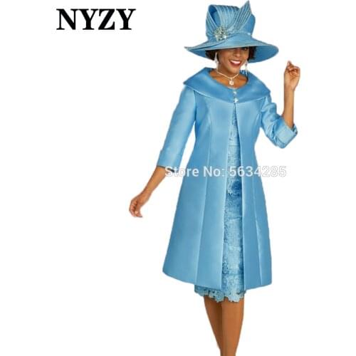 Elegant Sky Blue Mother of the Bride Lace Dresses with Jacket Coat NYZY M336 Wedding Party Dress Guest Wear Robe de Cocktail