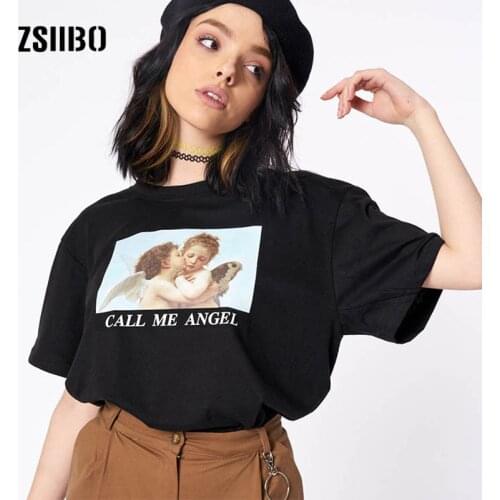CALL MY ANGEL Summer Womens Short Sleeve Vintage Angel Cartoon Art Print Large Size Loose Casual Tops O-Neck Women T-Shirt
