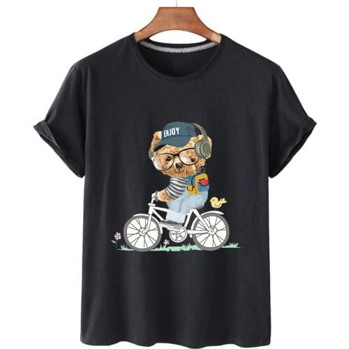 Bicycle Look Back Bear Print Cotton Short-sleeved O-neck Loose Casual Top T-shirt Women Oversized T-shirt Men And Women S-3xl